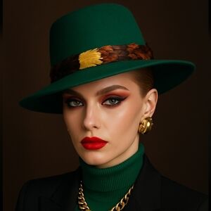 RARE VINTAGE MR JOHN EMERALD FELT HAT WITH DRAMATIC MULTICOLOR FEATHER HAT